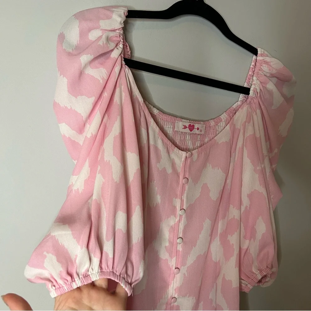 Anthropologie Buddy Love Pink White Abstract Print Puff Sleeve Demi Top